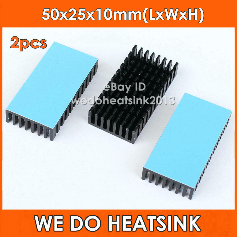 2pcs 50x25x10mm Heatsink Aluminum Black Anodized With Thermal Pad Applied