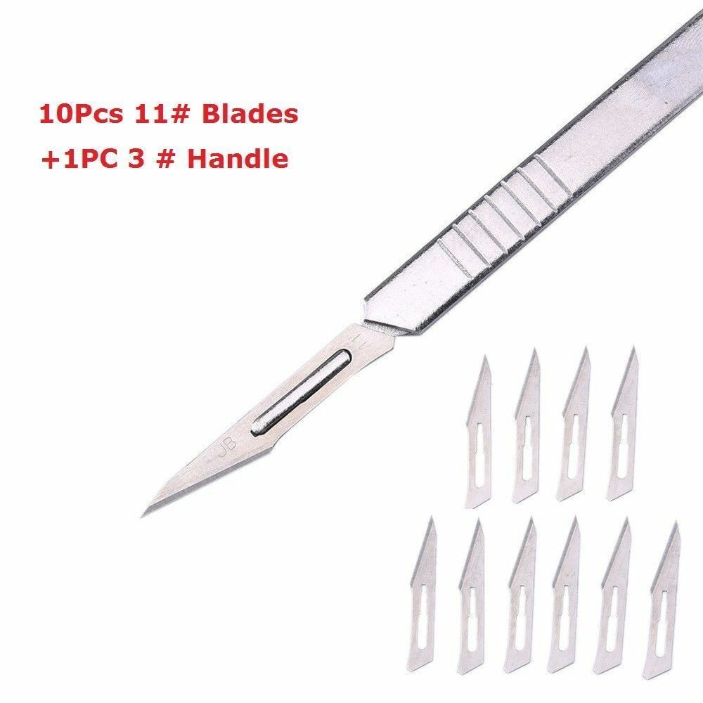 10pcs 11# Steel Carbon Surgical Scalpel Blades Board + Stainless Steel 3# Handle